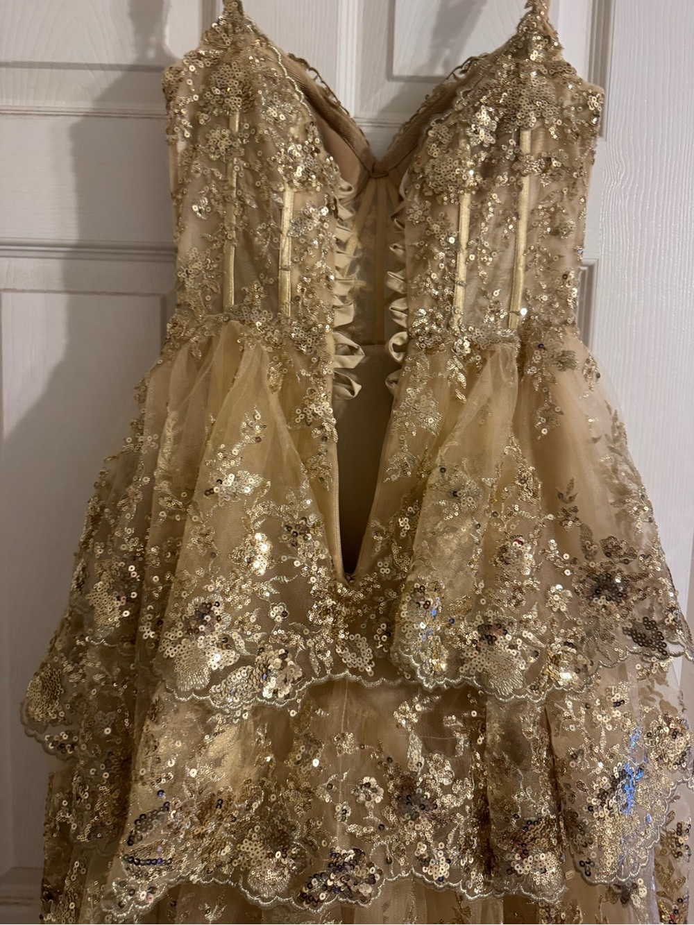 Sherri Hill Champagne Sequin Evening Gown - Picture 5 of 7